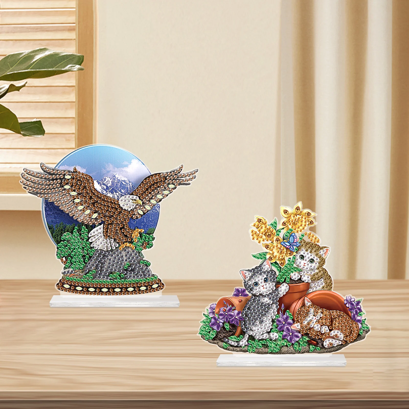 Diamond Painting 2PCS Stand Up Diamond Art Painting Kit Ornament Eagle and Cats 5D DIY Irregular Shaped Crystal Diamond Painting Table Ornaments