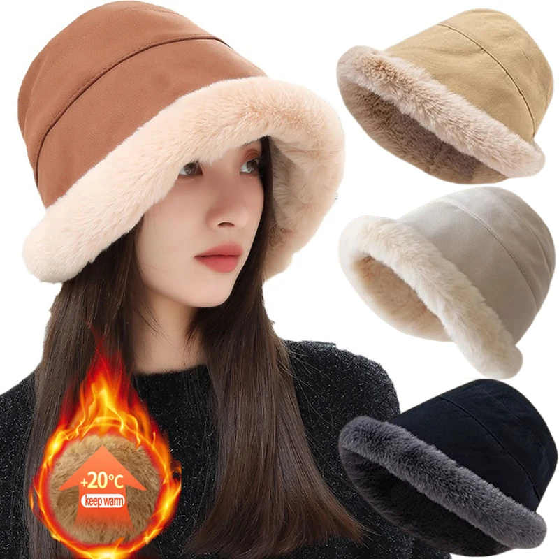 

Winter Fur Hat Women Warm Snow Plush Cap Female Faux Fox Fur Bomber Hat Lady Windproof Bucket Hats for Women Russian Hat Ushanka