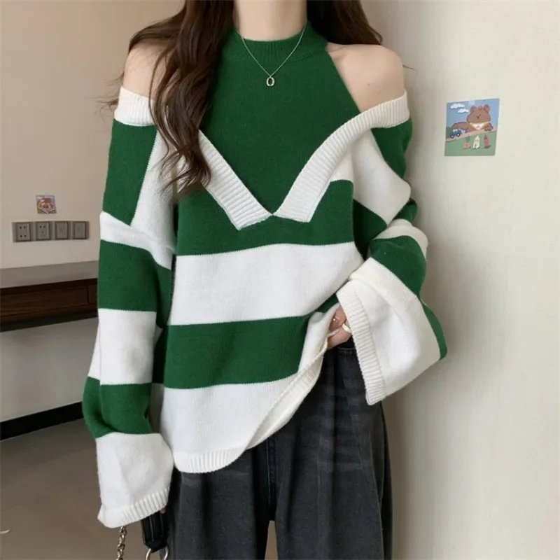 Fashion Women'S Korean Sweater Fake Two-Piece Neck Hanging Pullover Top Off Shoulder Striped V-Neck Sweater Y2k Korean Kpop Tops