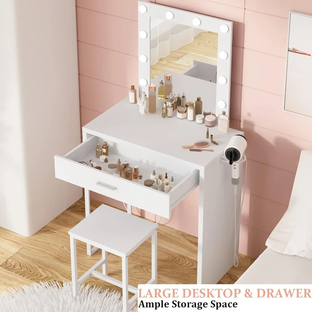 Vanity Makeup Desk with Mirror and Lights, Vanity Table and Chair Set, Brightness Adjustable, Small Dressers for Girls' Bedroom 2
