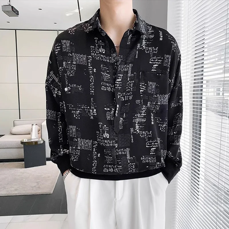 

Plus Size Loose Long-sleeved Pullover Men Floral Shirt Spring Summer Korean Style Trend Newspaper Printed Mens Shirts Streetwear