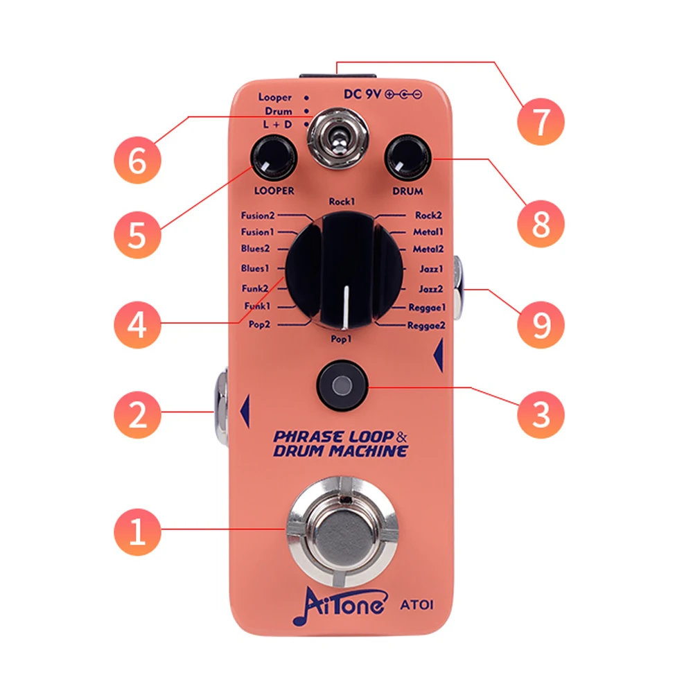 AITONE Series AT-01 Looper Pedal 8 Drum Styles 20 Minutes Looping Time Drum Mach