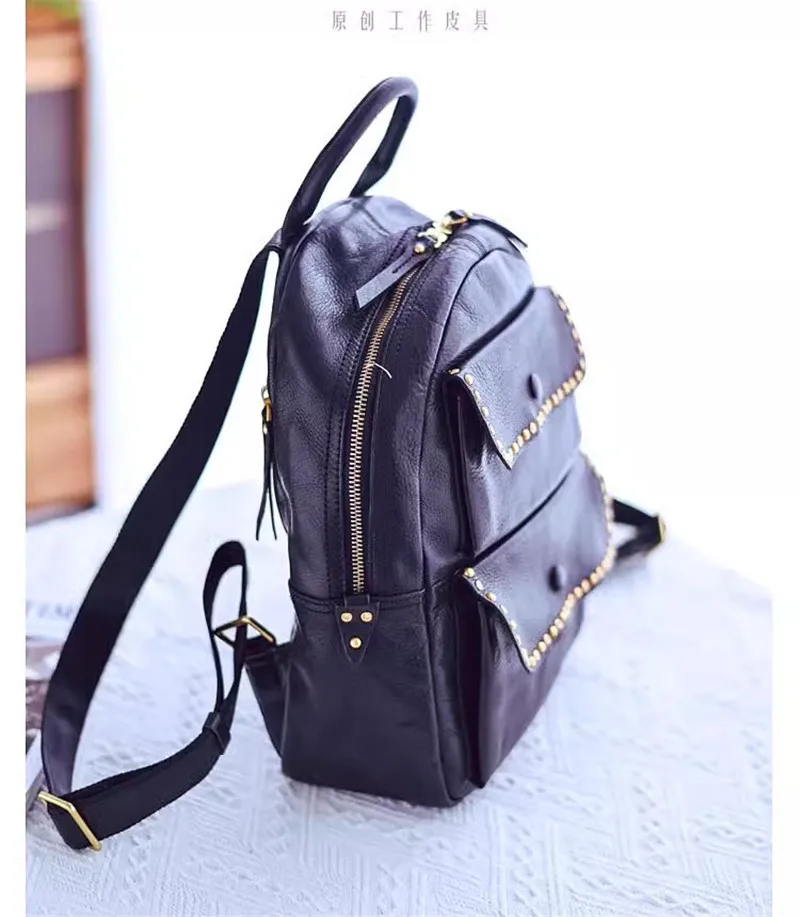 Pndme Outdoor Travel Designer hand gefertigte Echt leder Frauen Rucksack lässig Luxus natürliche echte Rindsleder weibliche Niet Schult asche – Detail 25