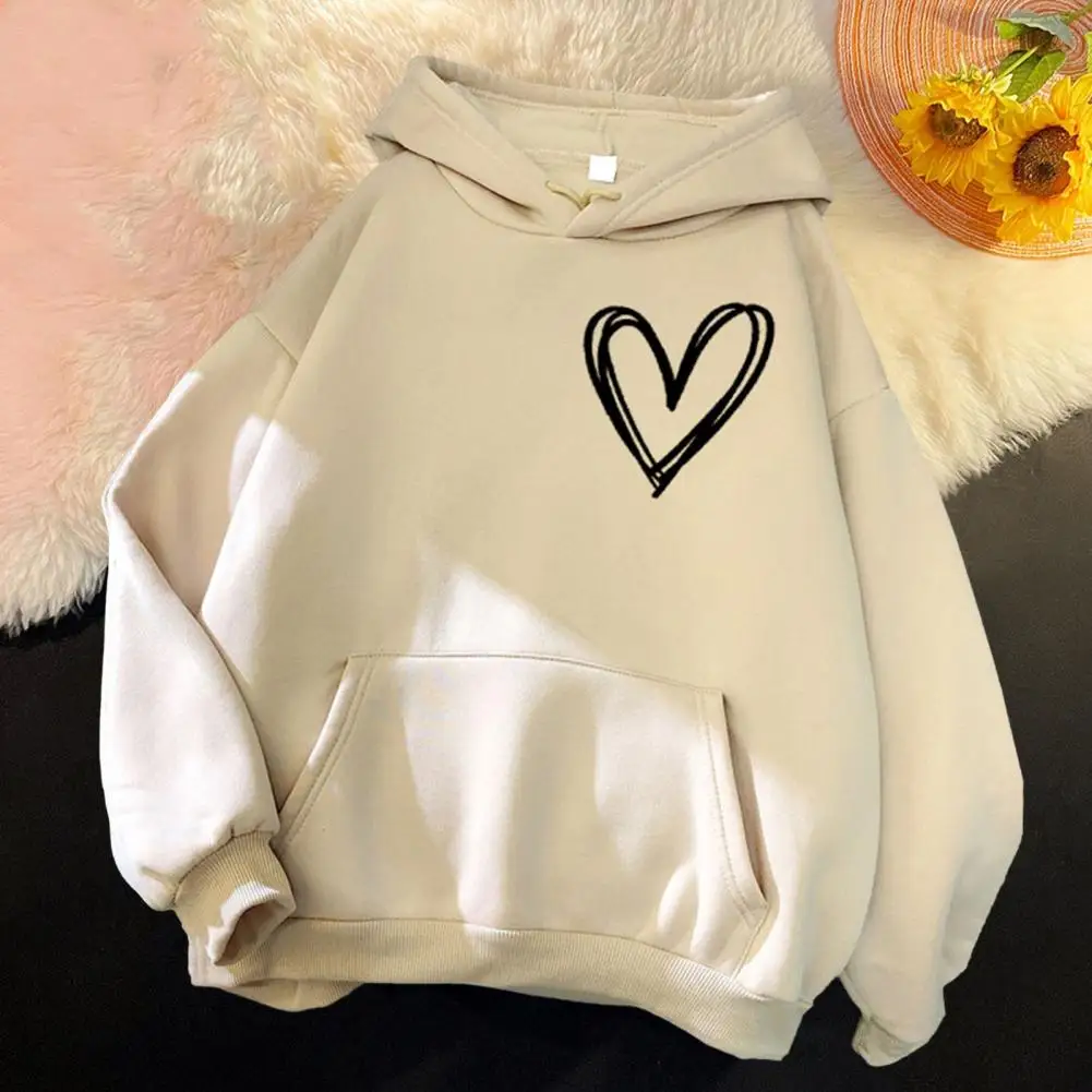 

Women Winter Warm Fleece Student Tops Heart Print Pullover Sweatshirt Drawstring Hooded Long Sleeve Loose Vintage Female Hoodie