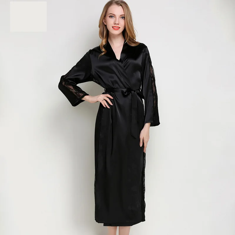 Solid Color Nightgown Long Sleeve Cardigan Lace up Sleepwear Imitation Silk Pajamas Thin Simple Bathrobe Women's Home Clothing