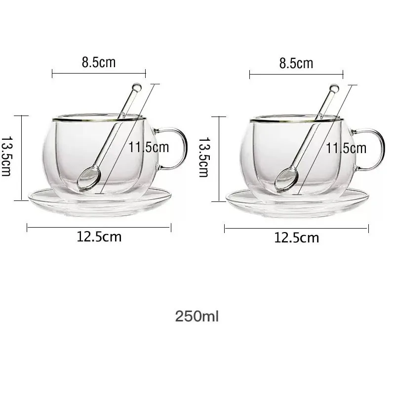 250ml Double Wall Glass Espresso Cups With Dish And Spoon Heat