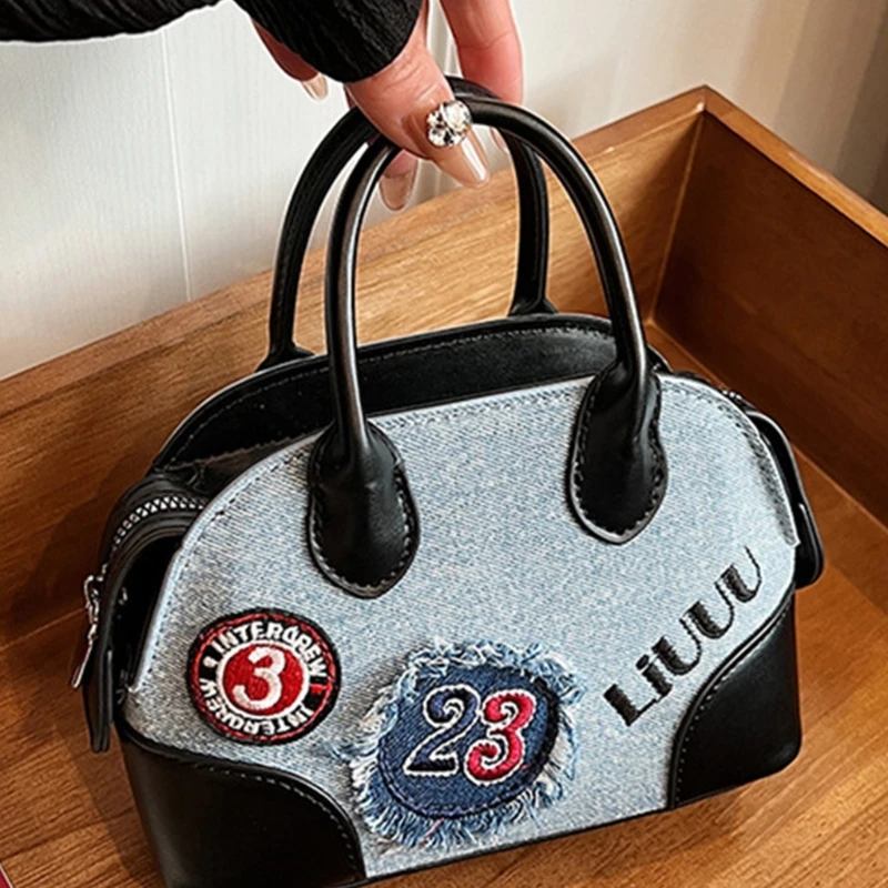 Women Shoulder Crossbody Bag Embroidery Appliques Denims Handbag with Top Handle E74B
