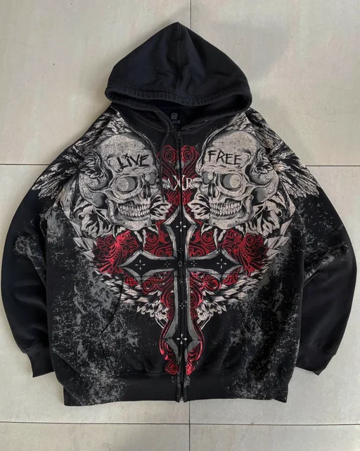 Explosions Y2K Hooded sweater Men American Retro Hip-Hop Street Graffiti Unisex Zipper Hoodie Fashion Printed Pattern Sweatshirt 1