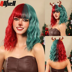 Короткие кудрявые волнистые Рождественские парики, синтетические полукрасные полузеленые парики для косплея с пушистой челкой, искусственные натуральные волосы для женщин