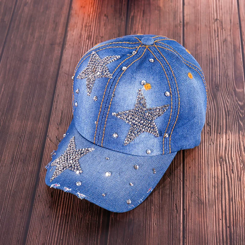 Diamond-Embedded Baseball Caps Korean-Style Women's Summer Sun Hat Denim Letters Rhinestone Peaked Cap Snapback Hip-hop Hat