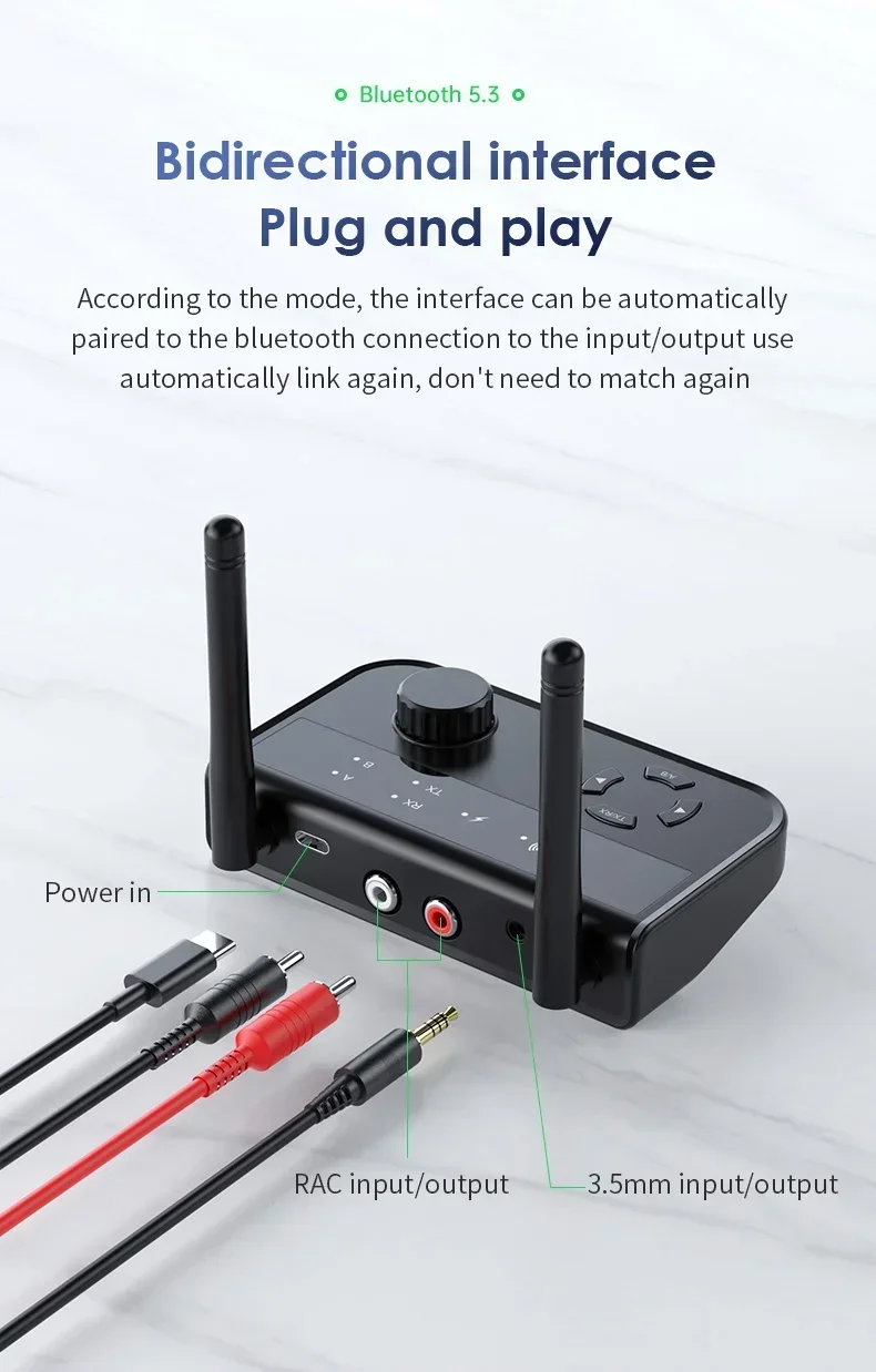 RUIZHI Bluetooth 5.3 ontvanger zender voor 2 hoofdtelefoons voor tv 2
