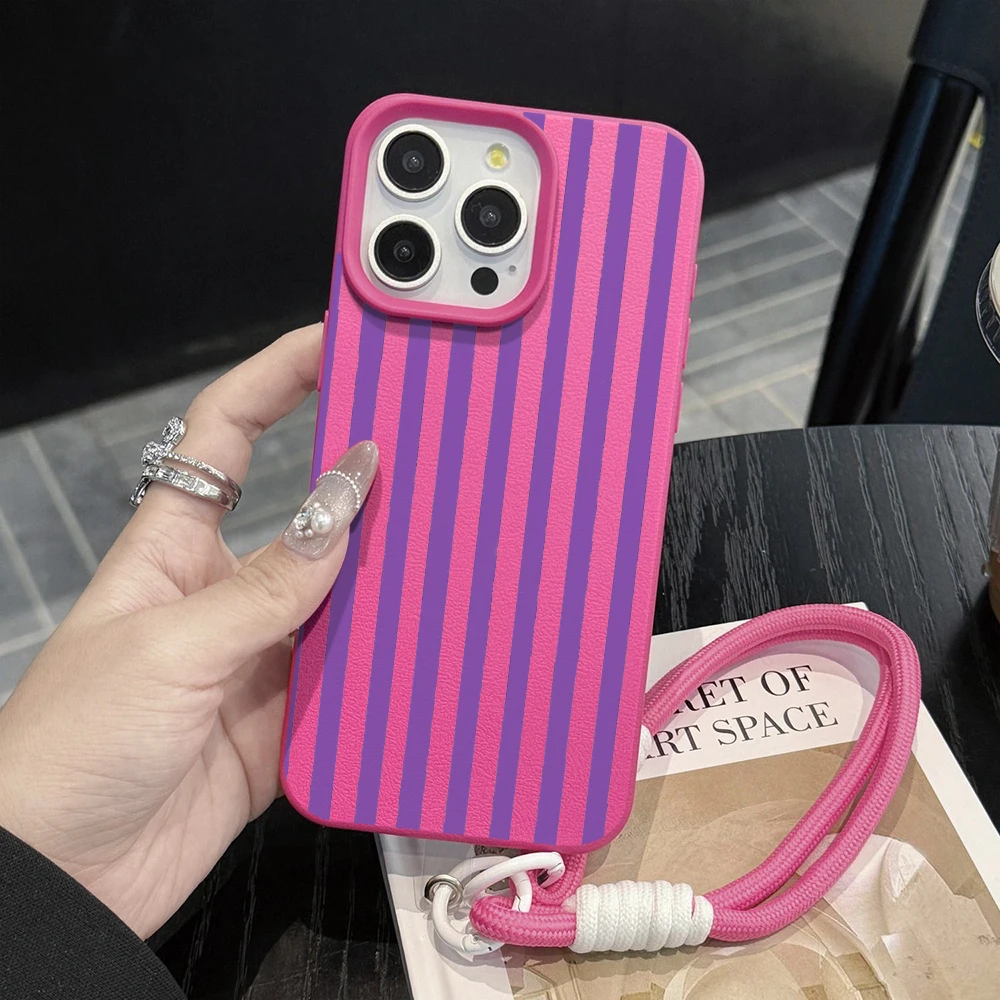 Striped Minimalist Couple Hand Wrist Strap Case with Lanyard Cover