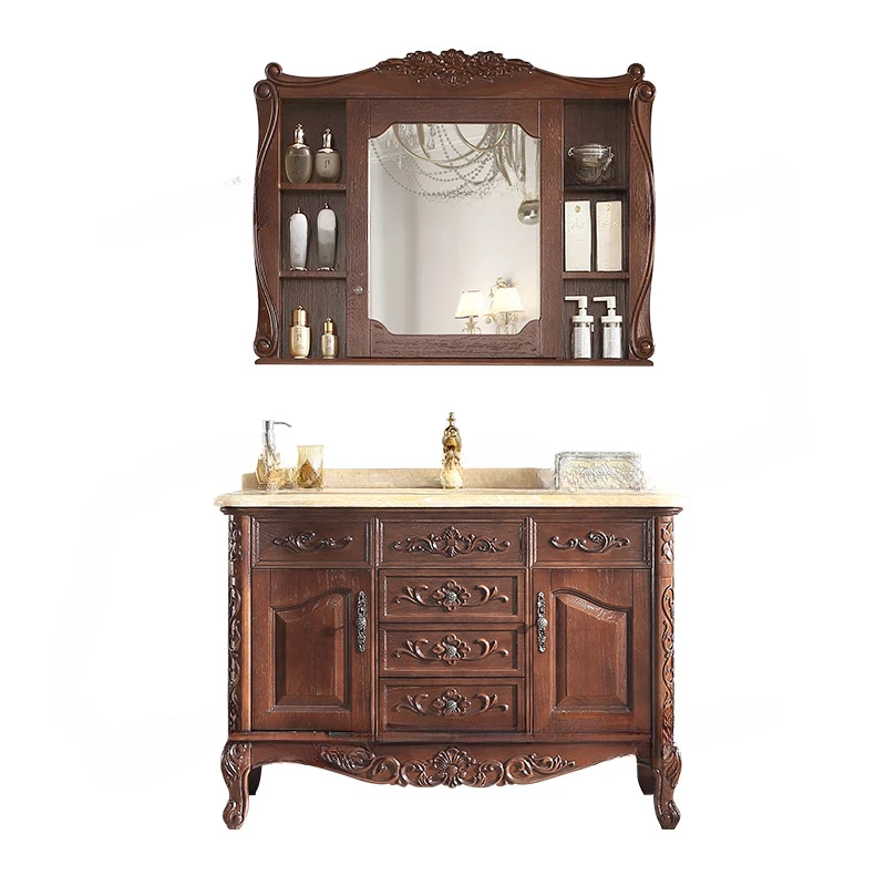 

Spot European Style Bathroom Cabinet, Antique Washbasin, Red Oak Bathroom Cabinet, Solid Wood Washstand, Washbasin