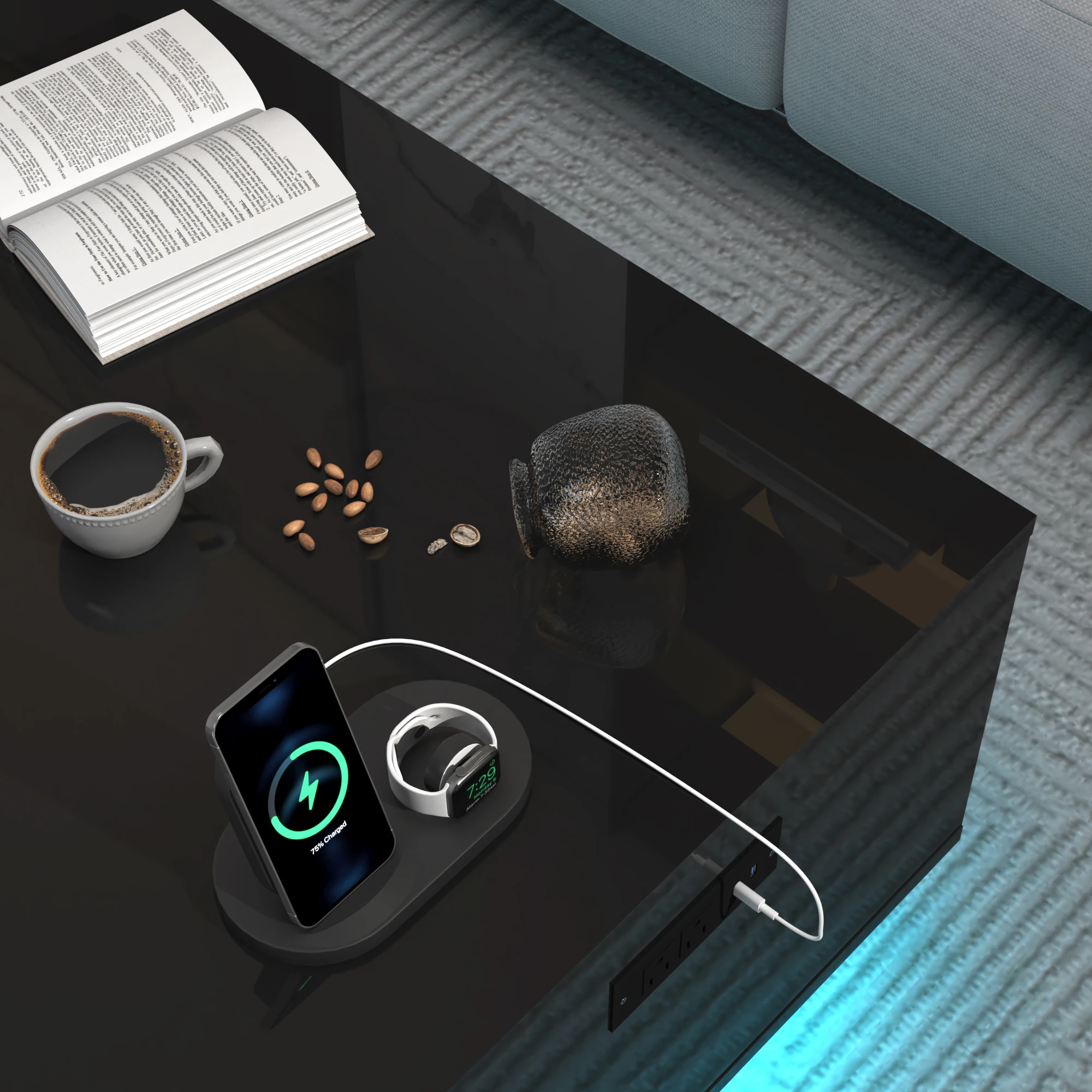 LED Coffee Table with Storage, Modern High Glossy Center Table with 4 Sliding Storage Drawers & Charging Station, Black/White