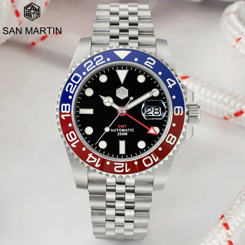 

San Martin Military Soul Diving Watch Vintage GMT Jubilee Bracelet Bidirectional 20Bar Waterproof Clock Men Machinery Wristwatch