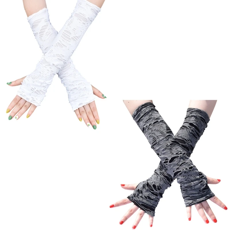 

Women Halloween Distressed Gloves Punk Gothic Style Fingerless Gloves Ripped Sleeves Y2k Girl Party Elastic Elbow Length Mittens