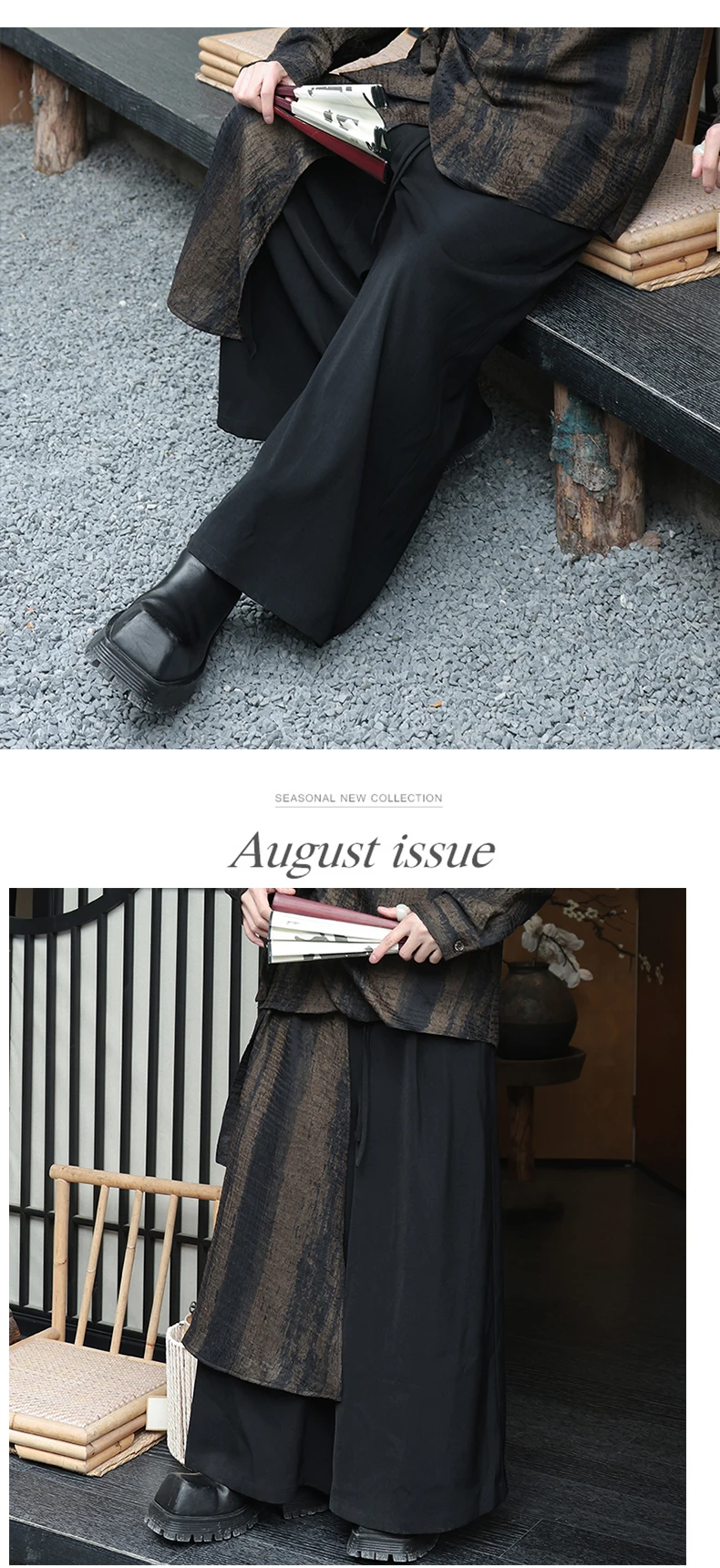 Description Picture 4 of itemMen Patchwork Vintage Loose Casual Wide Leg Harem Pants Women Asian Streetwear Fashion Trousers Unisex Plus Size Skirt Pants