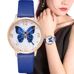 Luxury Women watches Fashion Simple Blue Butterfly Crystal Roller Ball Ladies Quartz Watch Leather Strap Gift Clock Wristwatches