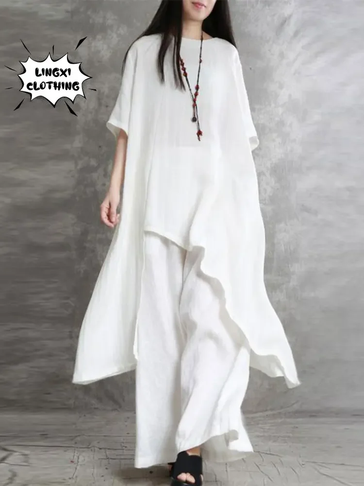 

2023 Summer Fashion Women's Cotton and Hemp 2-Piece Casual Large Size Sports Home Robe Wide Leg Pants 2-Piece Set