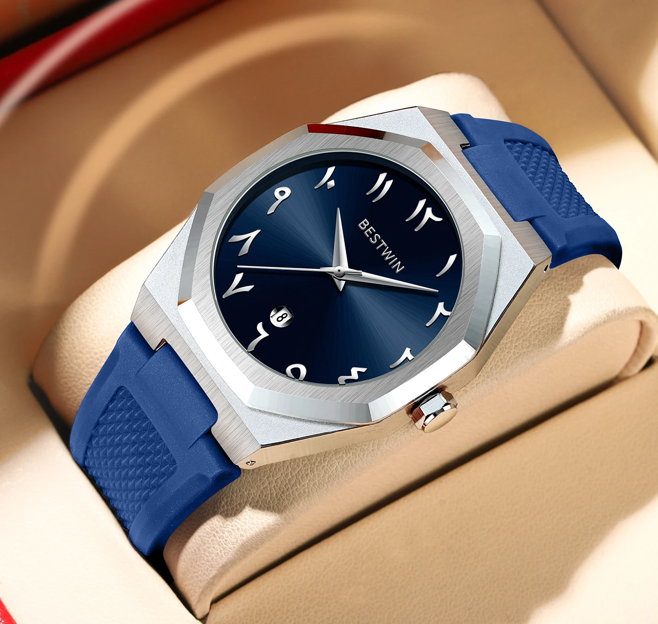 BESTWIN Fashion Luxury Arabic Men's Quartz Watch Business Casual Silicone Strap Mens Wristwatch Family Friends Birthday Gifts