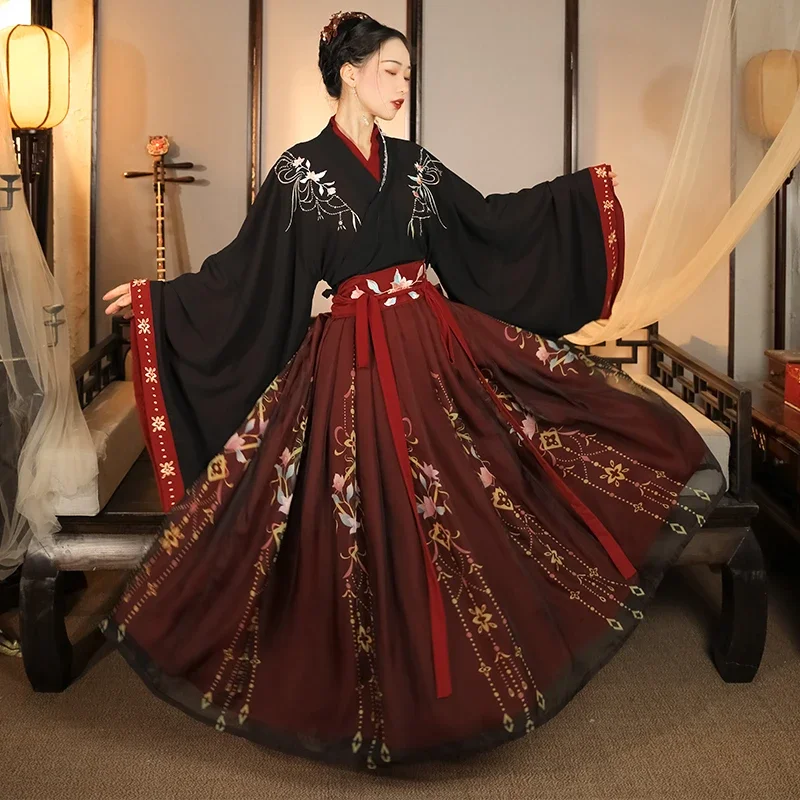

Chinese Traditional Hanfu Black Red Costume Woman Ancient Dress Oriental Princess Dress Elegance Tang Dynasty Dance Wear