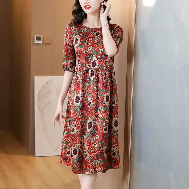 

2023 New Fashion Silk Printed Dress Women's Summer Vintage Round Neck 5/4 Sleeve Loose Fit Casual Holiday Dress Vestidos