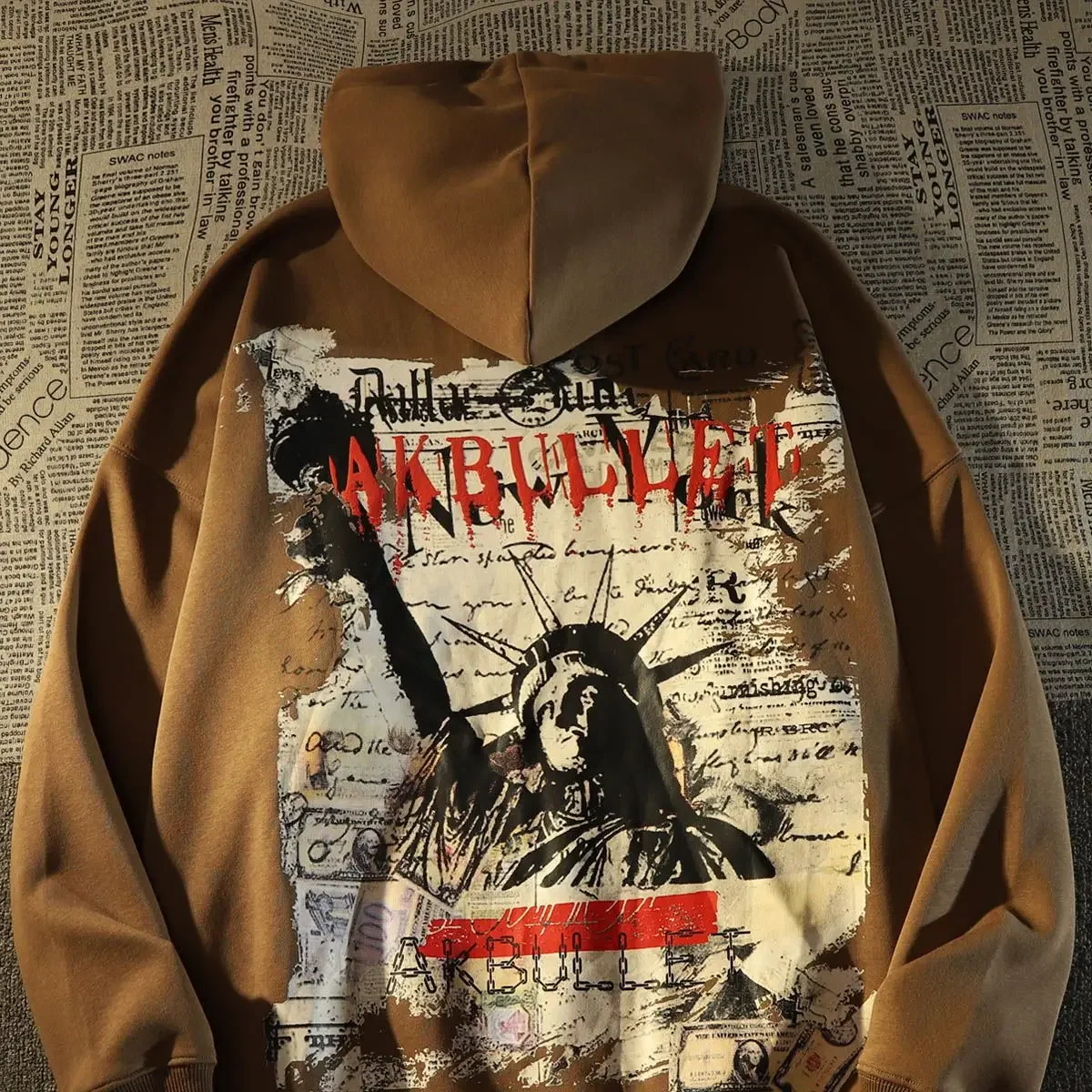 American Retro Statue of Liberty Printed Hooded Sweater for Men and Women Couples Loose and Lazy Design Long Sleeve Coat Clothes