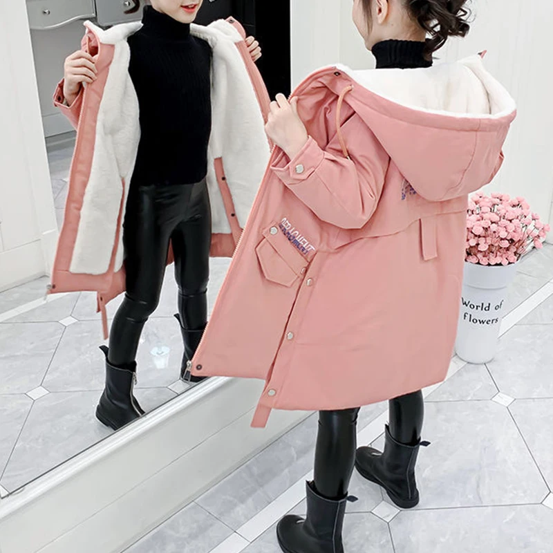 

Girls Winter Kids Girls Long Coats Children Jackets Fashion Thick Hooded White Flannel Snowsuit Teenagers Overcoat Parkas 2-14Y