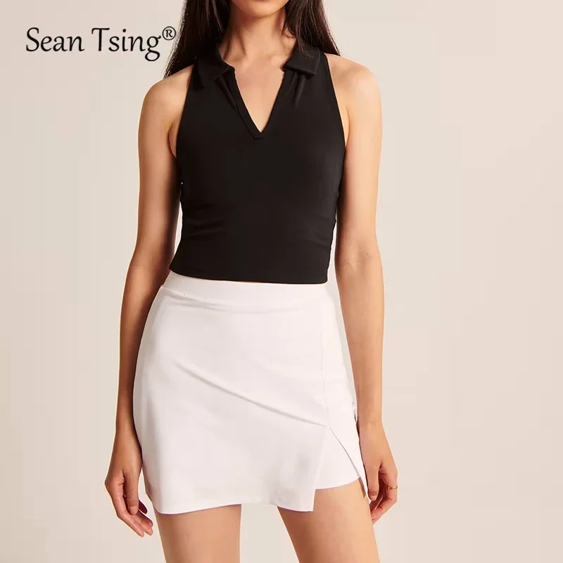 Sean Tsing&reg; Golf Tennis Vests Skirts Women Sleeveless Turn-Down Collar Polo Tank Tops Mini Skorts Badminton Bowling Sport Outfit