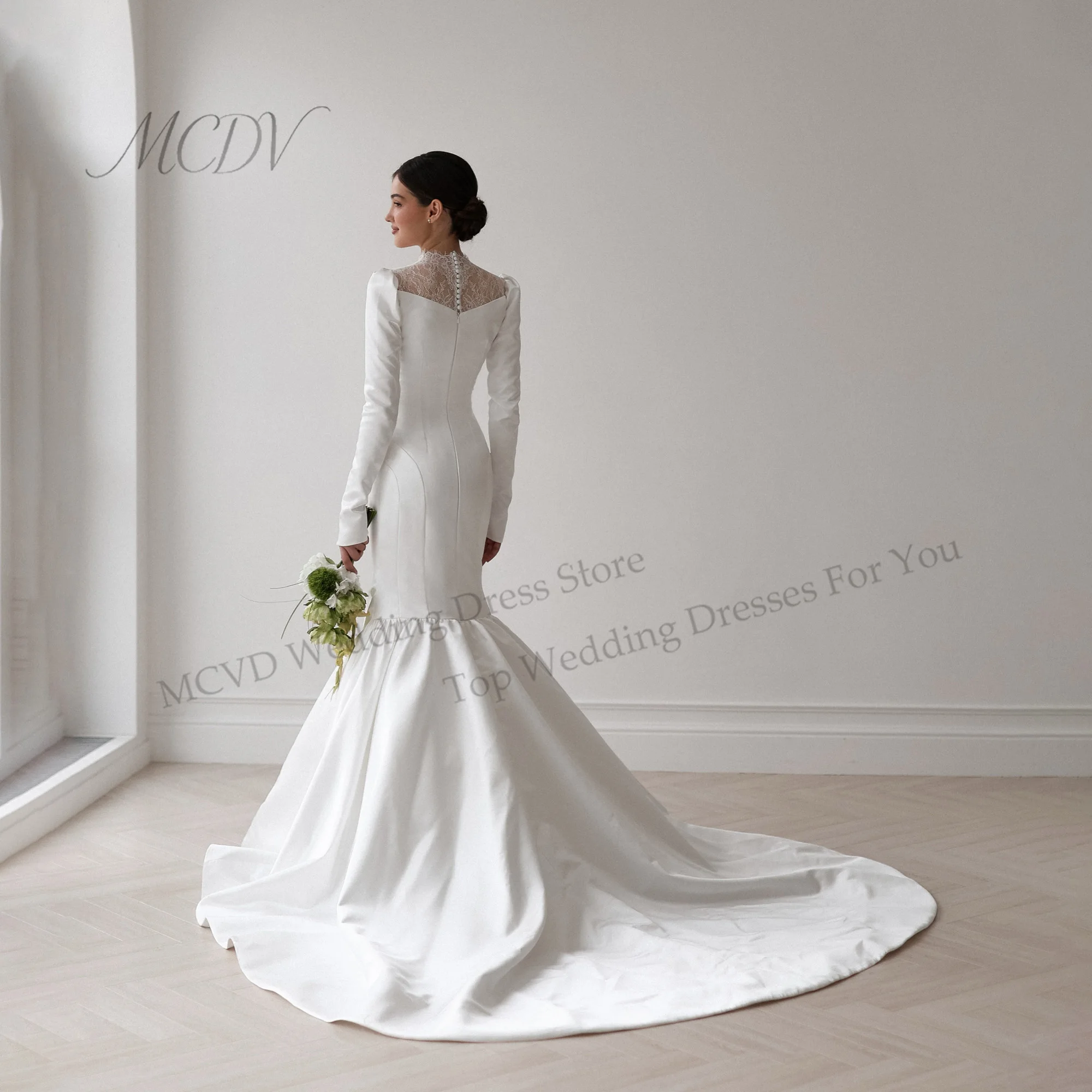 Elegant V-Neck Satin Wedding Dresses Bridal Long Sleeve Sweep Train Zipper Back Mermaid Bridal Gown свадебное платье Customized