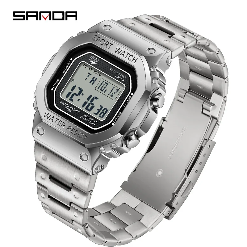 SANDA-reloj electrónico cuadrado para hombre, cronógrafo de pulsera multifuncional, resistente al agua, cronógrafo digital de acero con luz nocturna, a la moda, 2162