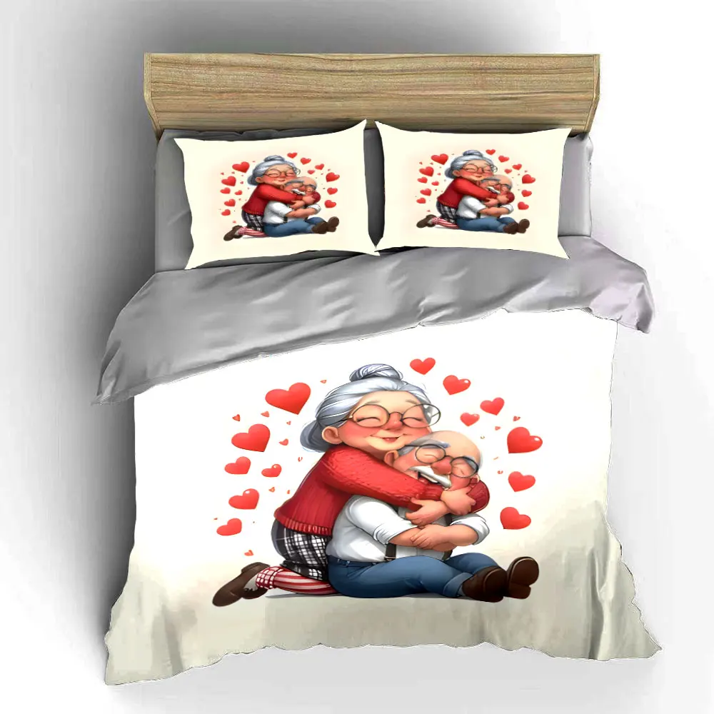 Cute Cartoon Elderly Couple Hug Red Heart Bedding Set,Sweet Old Grandma Grandpa Love Print 1 Duvet Cover + 2 Pillowcase, gift 5