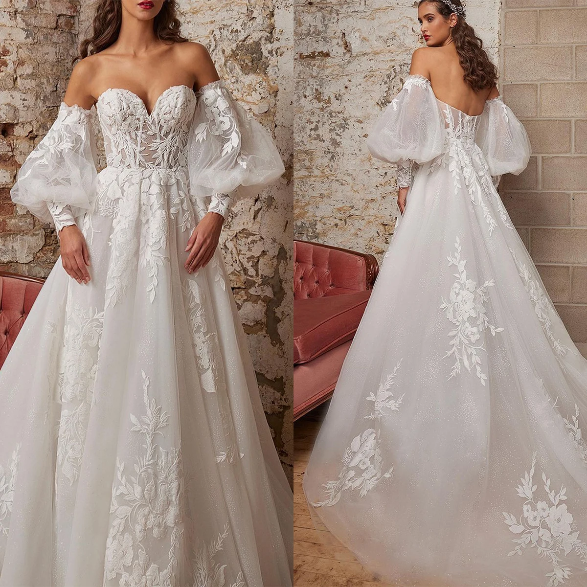 

Vintage A-Line Wedding Dress For Women Sweetheart Neck Appliques Bridal Gown Removable Sleeves Sweep Train Dresses Custom Made