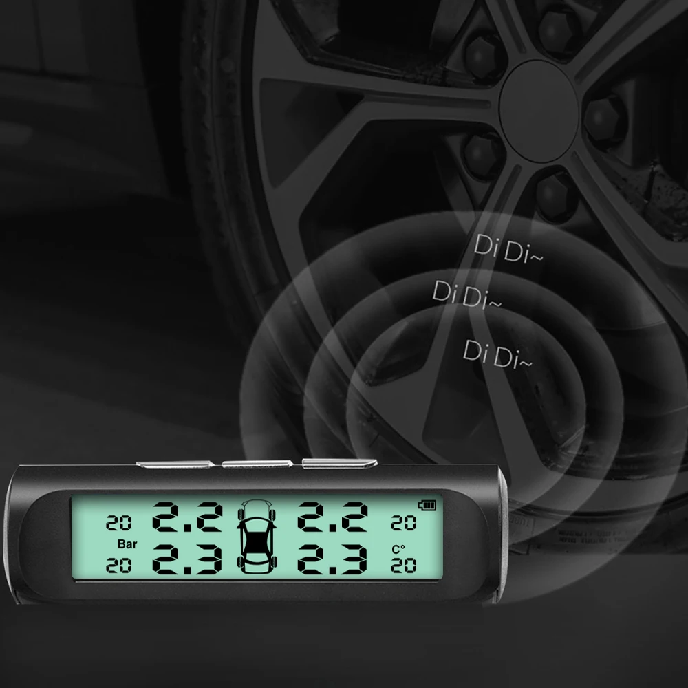 Intelligent Solar TPMS Car Tire Pressure Alarm Digital Display 4 External Sensors Waterproof Tire Pressure Temperature Warning