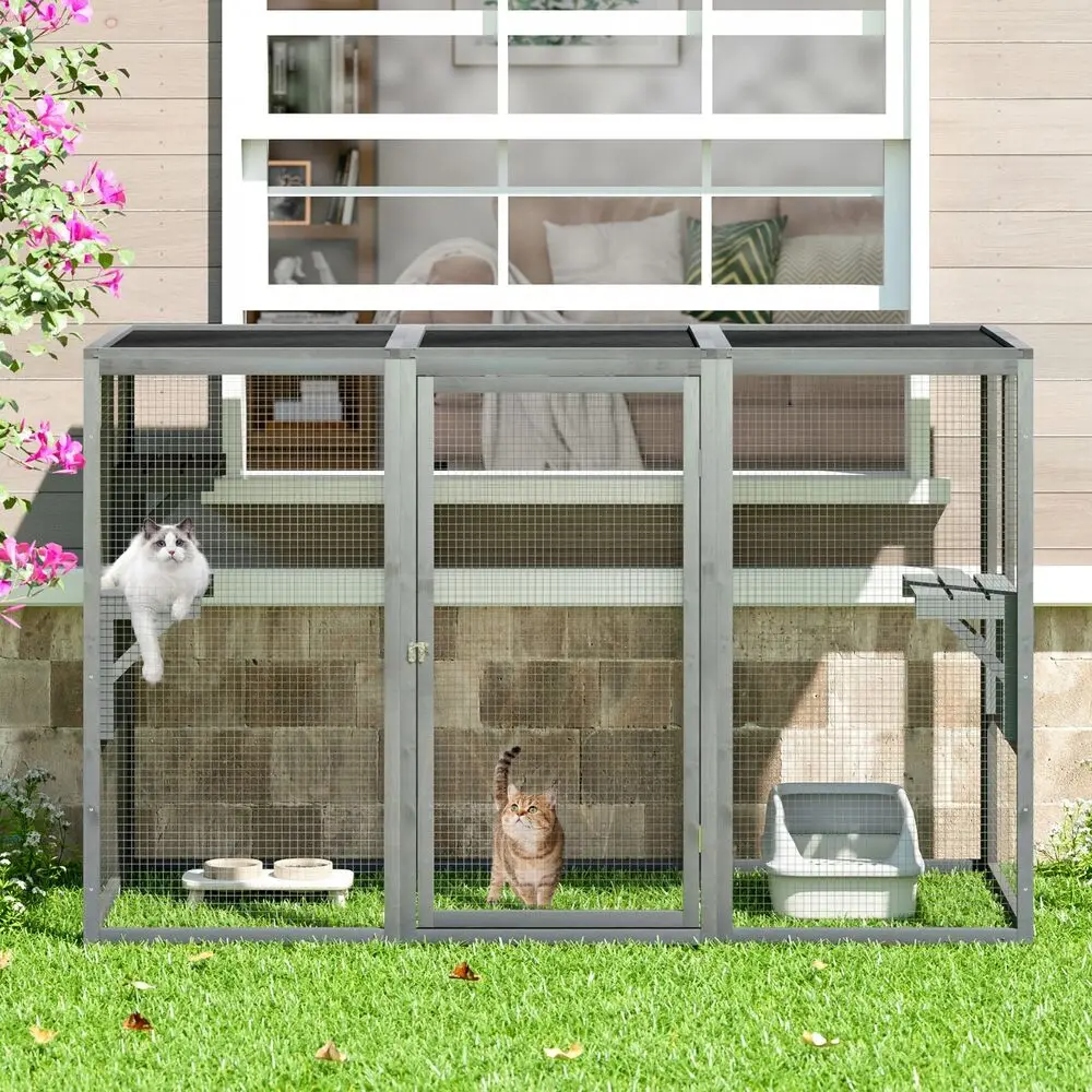 43.5"H Large Wooden Cat Enclosure,Wooden Cat House Weatherproof, Window Catios with 3Platforms,Secure Patio & for Cats