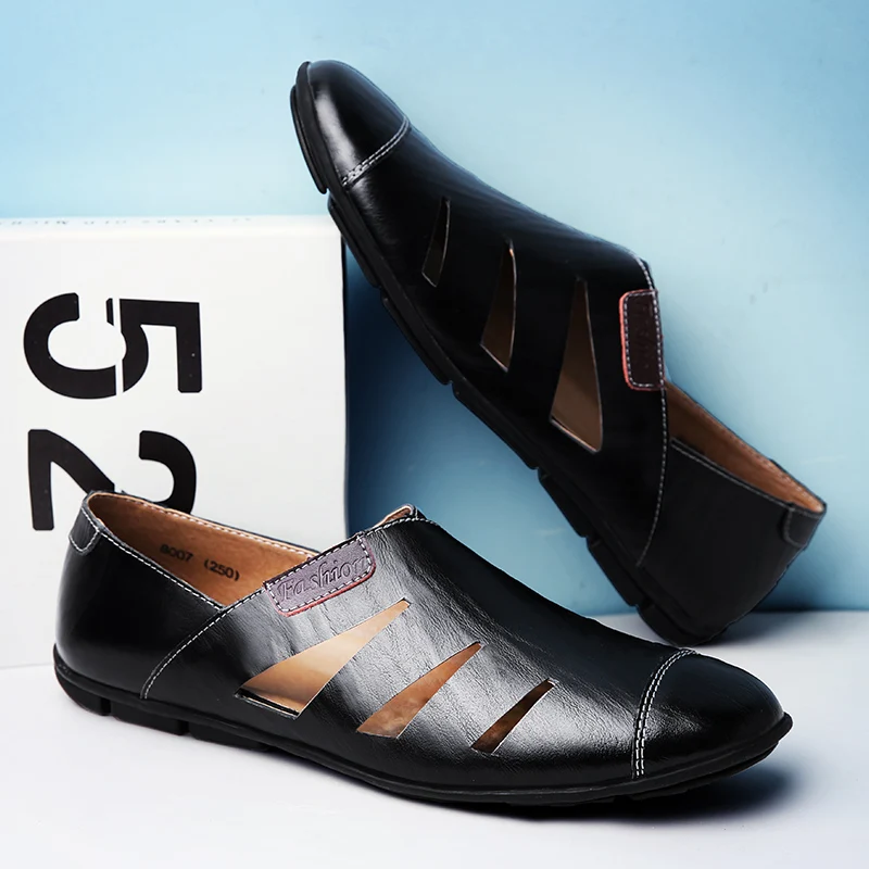 Genuine Leather Mens Summer Loafers Fashion Hollow Out Shoes New Comfy Cool Man Walking Flats Original Style Men Casual Sandals 4