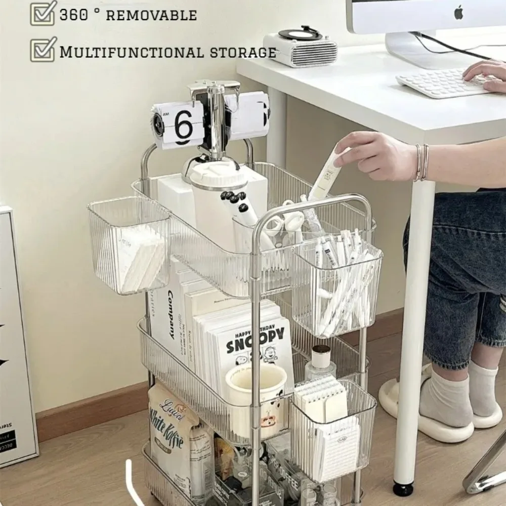 Trolley 4 Layers Acrylic Rolling Cart Removable Hanging Baskets Acrylic Snacks Makeup Bookshelf