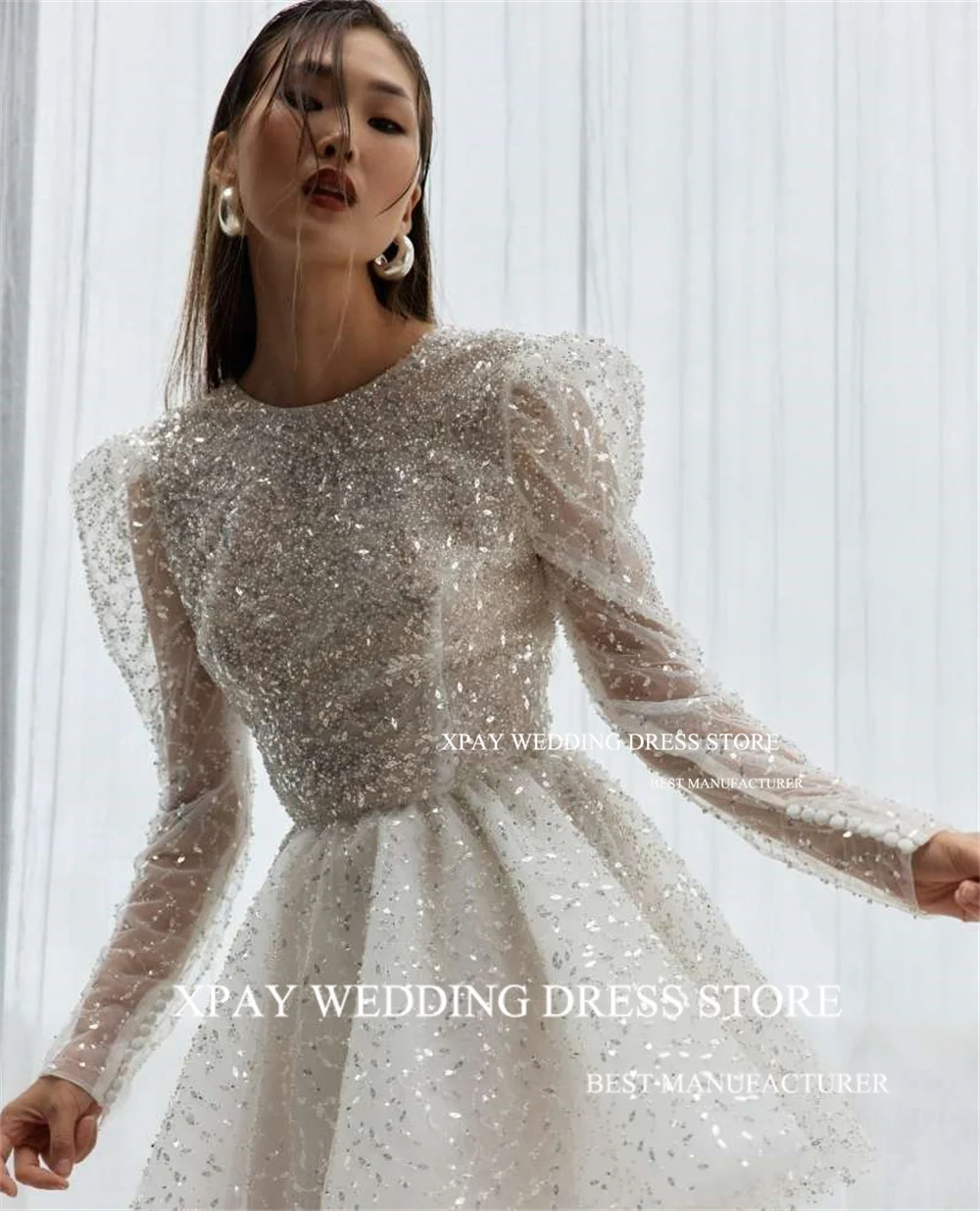 XPAY Luxury Short Mini Wedding Dresses Long Sleeve Lace