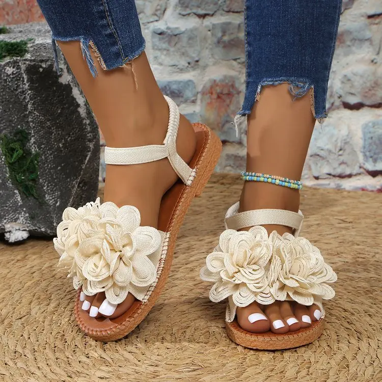 Women's White Floral Flat Sandals Elastic Ankle Strap Open Toe Summer Beach Casual Shoes Ladies Bohemian Comfort_vogvips.com