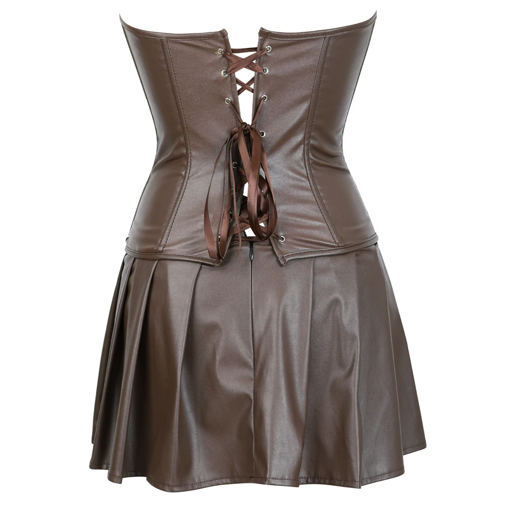 Steampunk Corset Dress Women Faux Leather Bustier with Skirt Gothic Corsetto Gothic Zipper Rockabilly Cosplay Halloween Clubwear