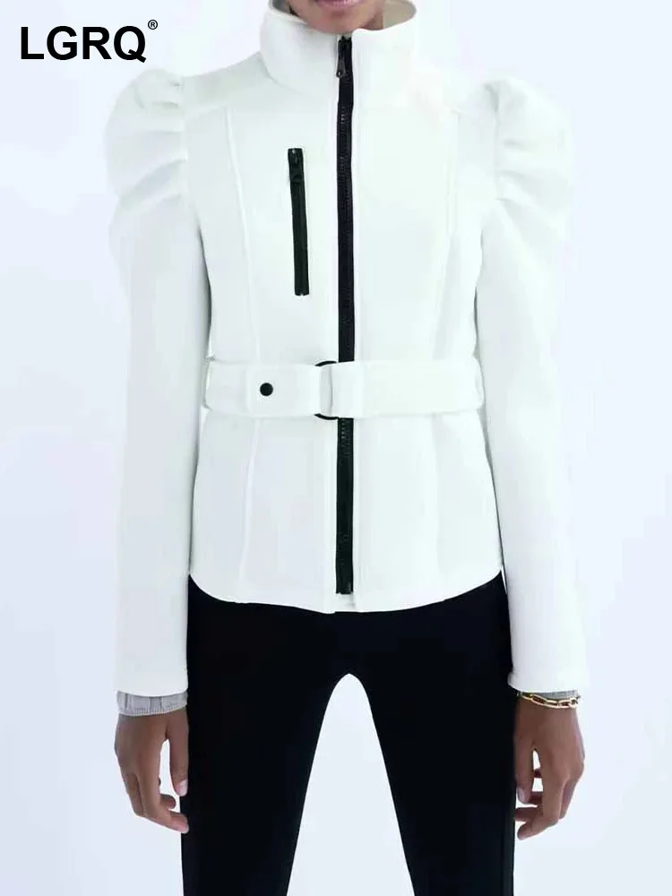

LGRQ Patchwork Belt Casual Jackets For Women Stand Collar Long Sleeve Folds Spliced Zipper Minimalist Jacket Female Fashion New