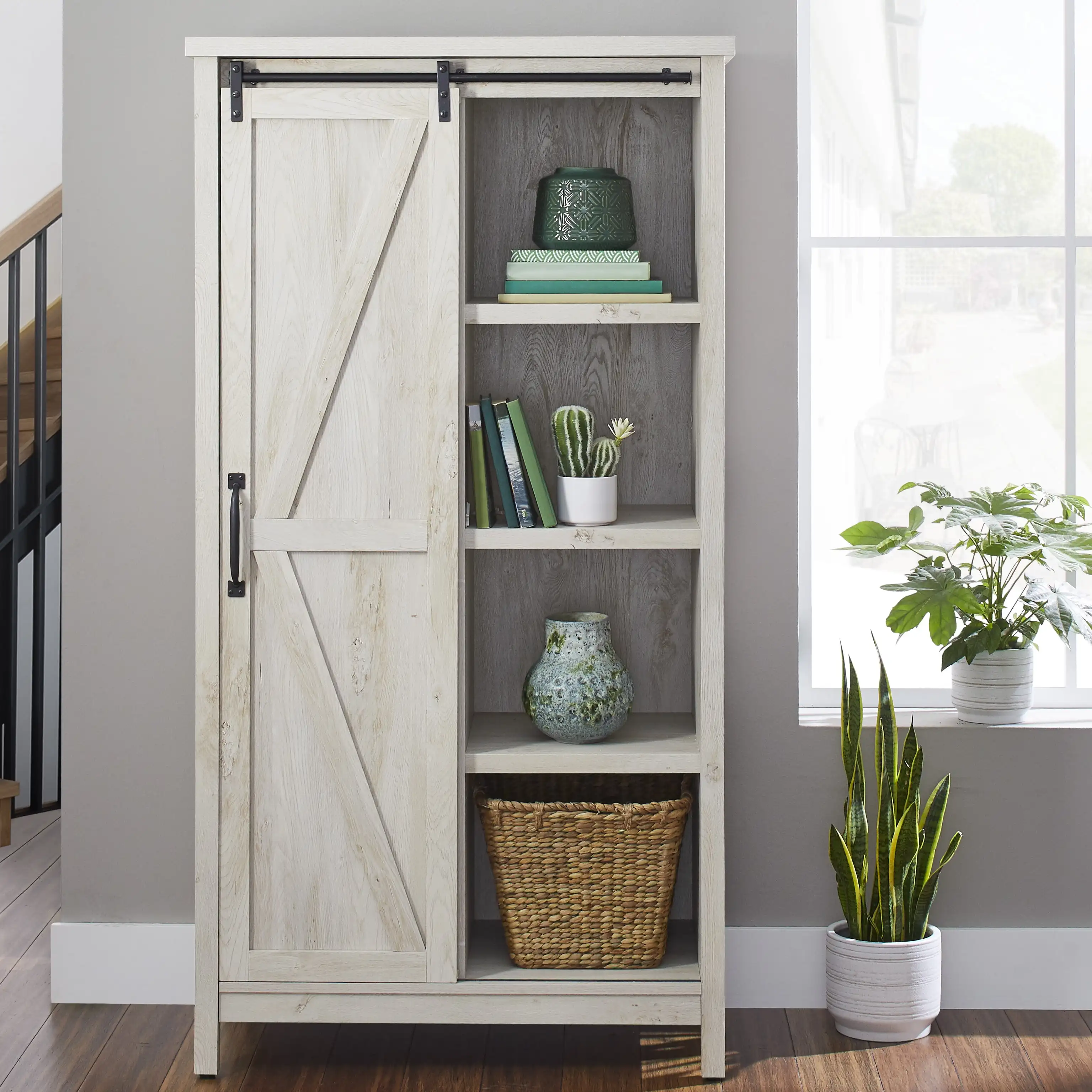 

66" Modern Farmhouse Bookcase Storage Cabinet with Five Adjustable Shelves and Sliding Barn Door, Rustic White Finish