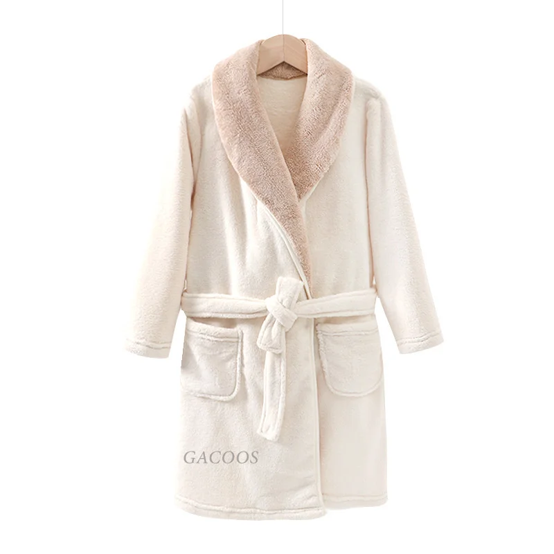 Coral Fleece Bathrobe Teenerage Winter Warm Casual Flannel Robe Sleepwear Plush Shower Bath Robe Lounge Nightgown Home Clothes
