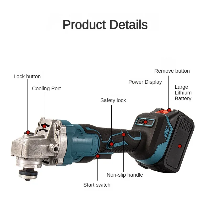 125mm Brushless Angle Grinder Cutting Handheld Rechargeable Electric Power Tool Grinder Polishing Machine for 18V Makita Battery 6