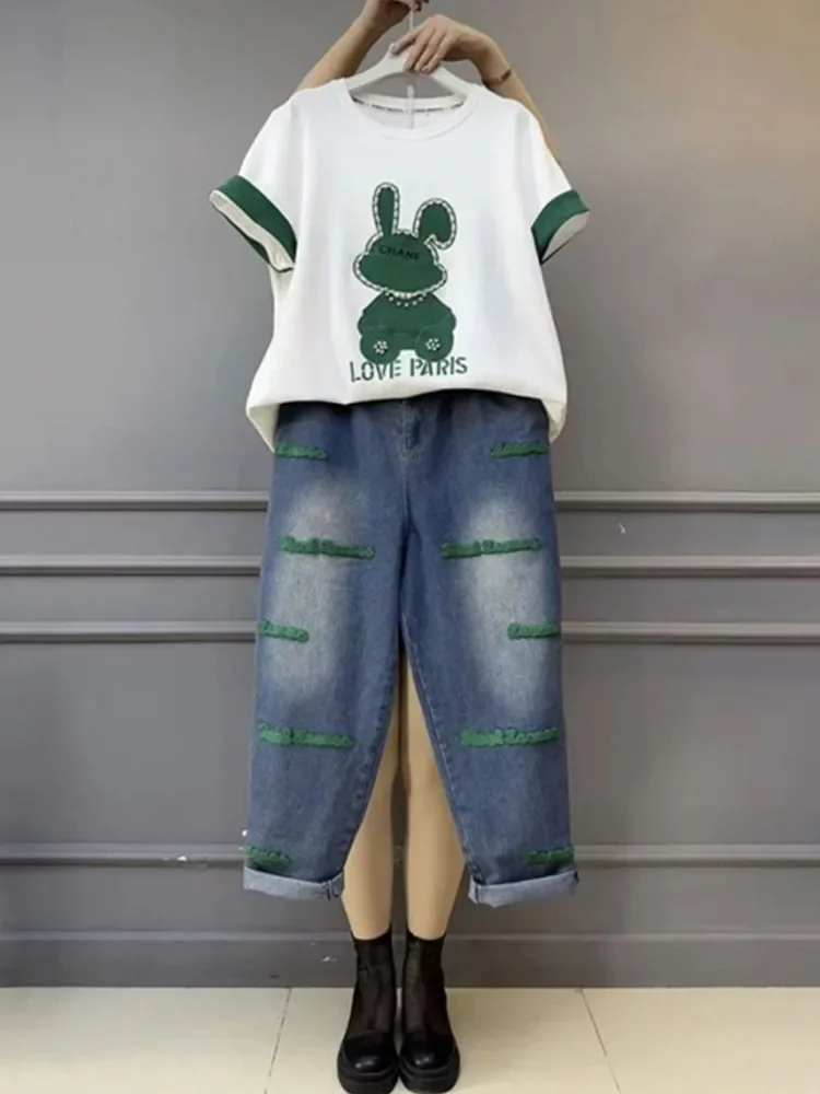 2024 Spring Oversized Women's New Cartoon T-shirt Women's Short Sleeved Casual Fashion Pants Casual Two-piece Set