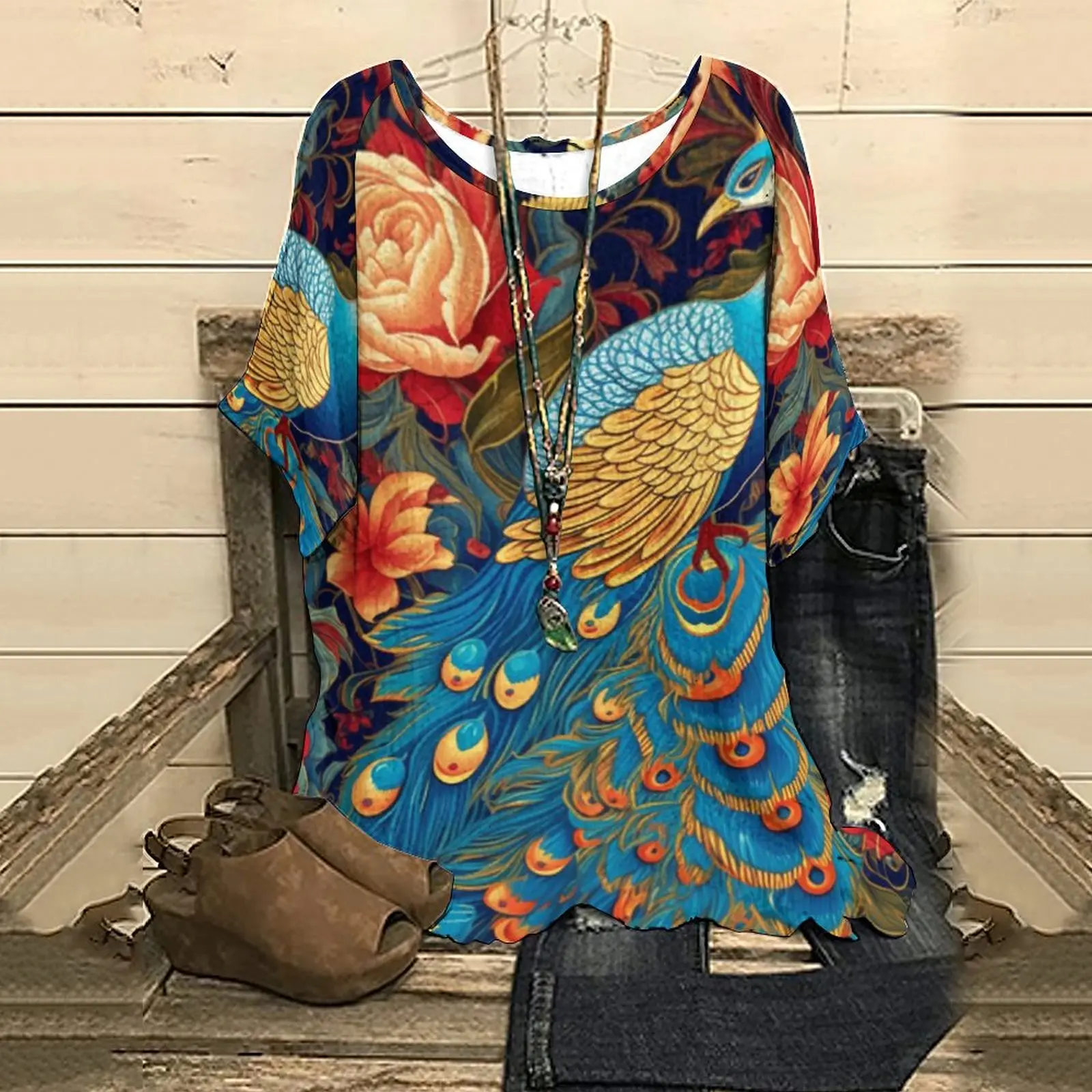 

New Summer Classic Tops Women's Half Sleeve Top Tee Urkish Peacock Print Graphic T-Shirt Streetwear