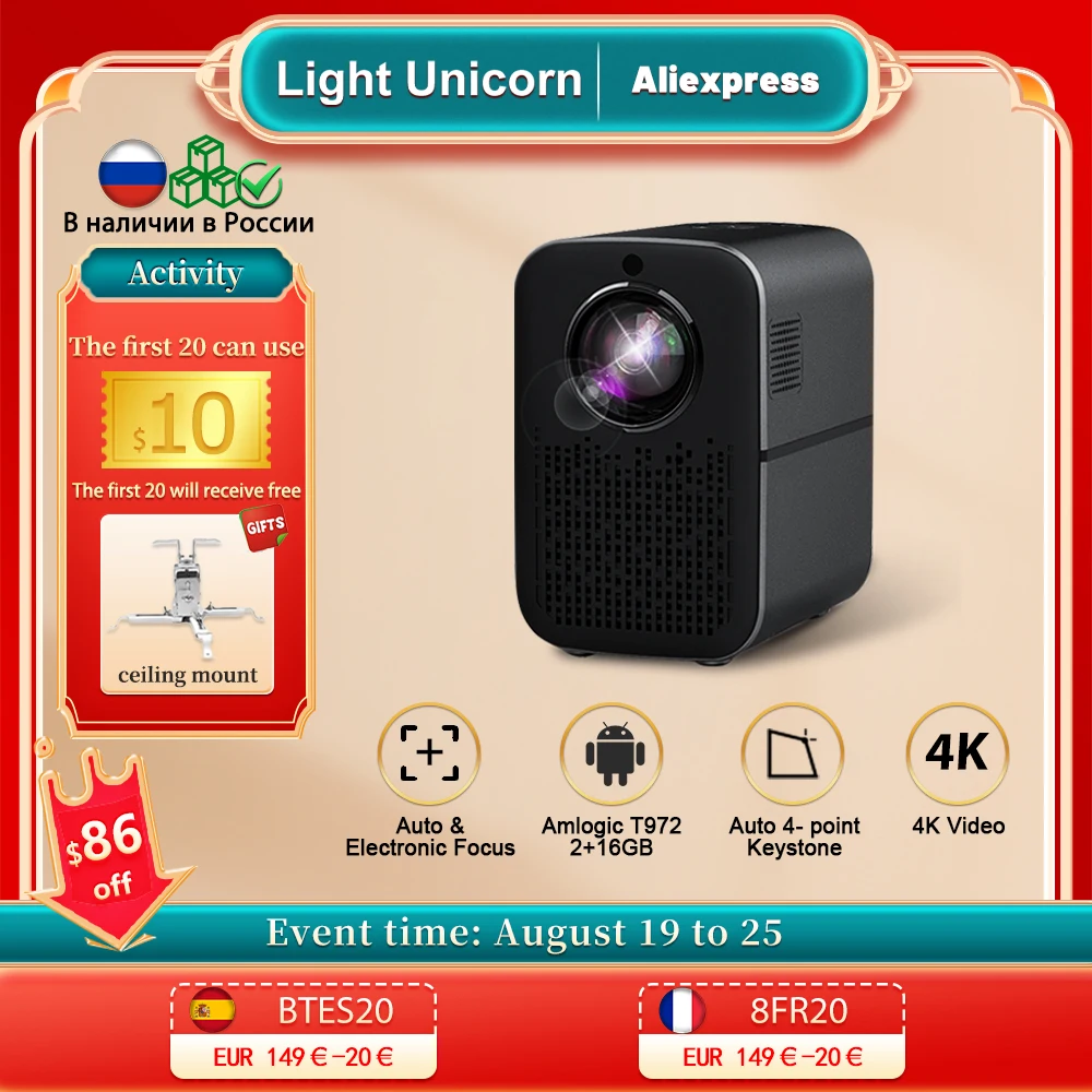 Portable Projector Light Unicorn M6 PRO 1080P LED 4K Video Projector Android 6000 Lumens 5G Wifi Beamer Auto Focus Home Cinema Smartphone Bluetooth
