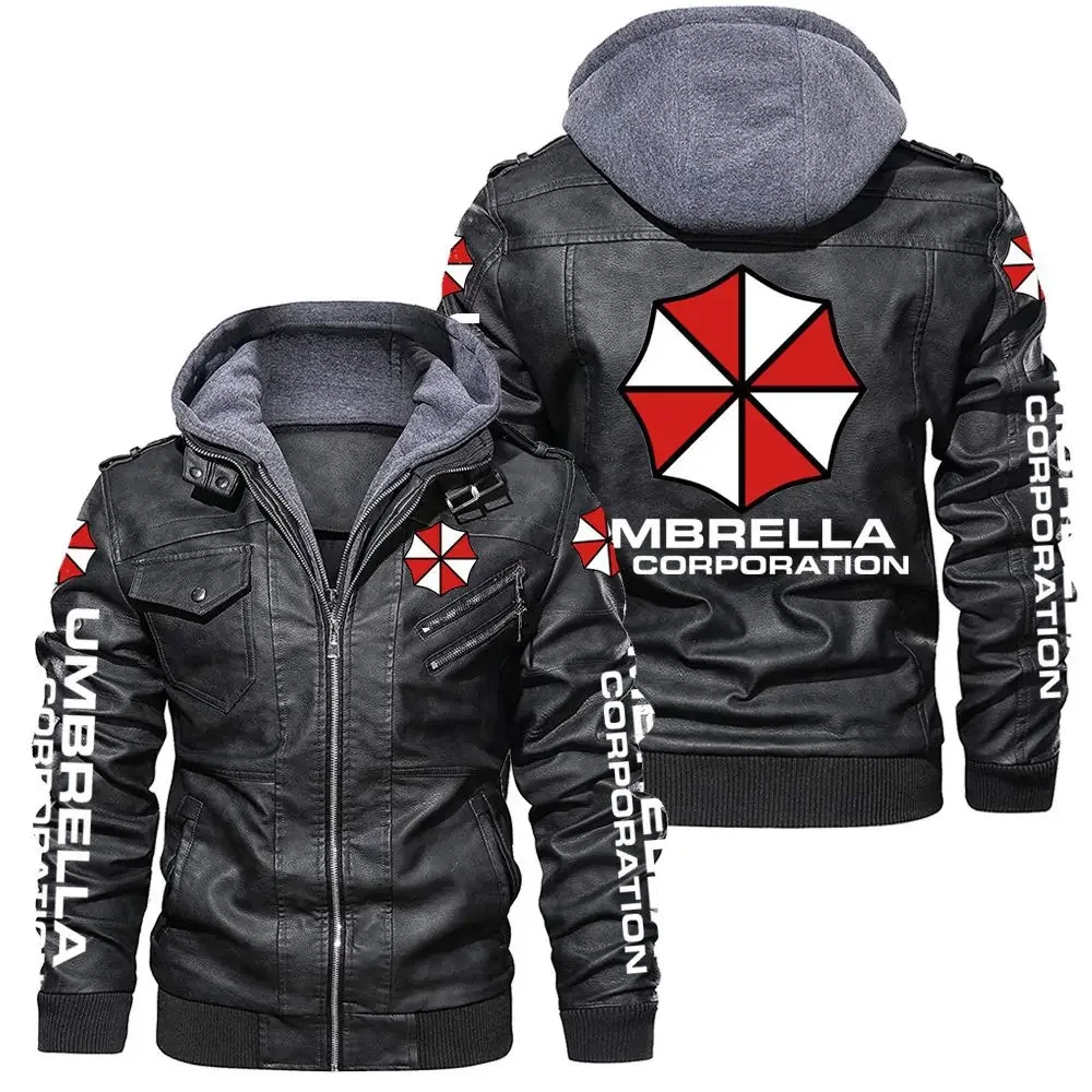 New Autumn Winter Euro size Men's Pu Leather Umbrella Logo Long Sleeve Zipper Hooded Jacket Fashion  Coat