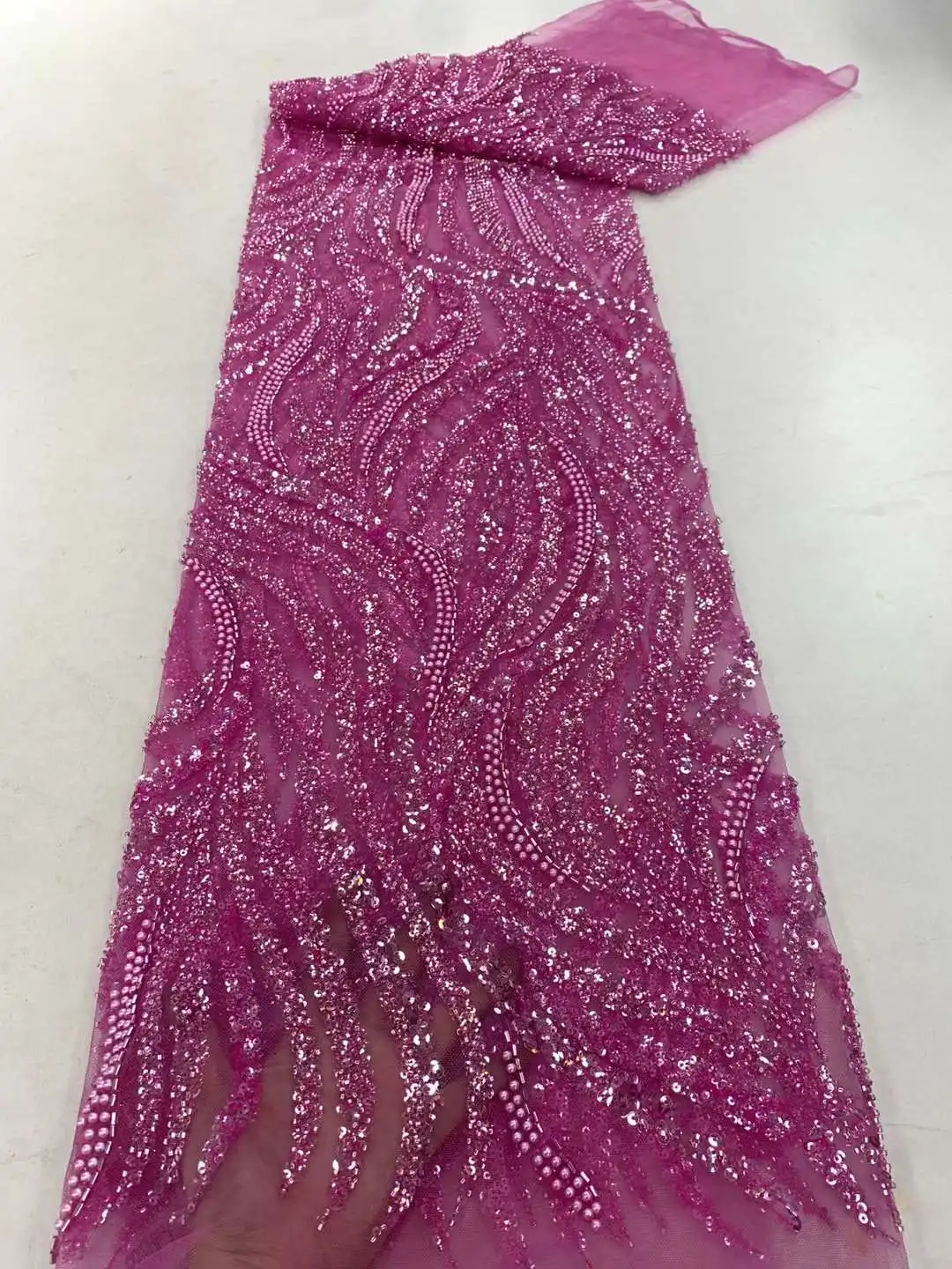 

African Heavy Beaded Lace Fabric 2023 High Quality Nigerian Sequins Beads French Tulle Lace Fabric Material For Wedding