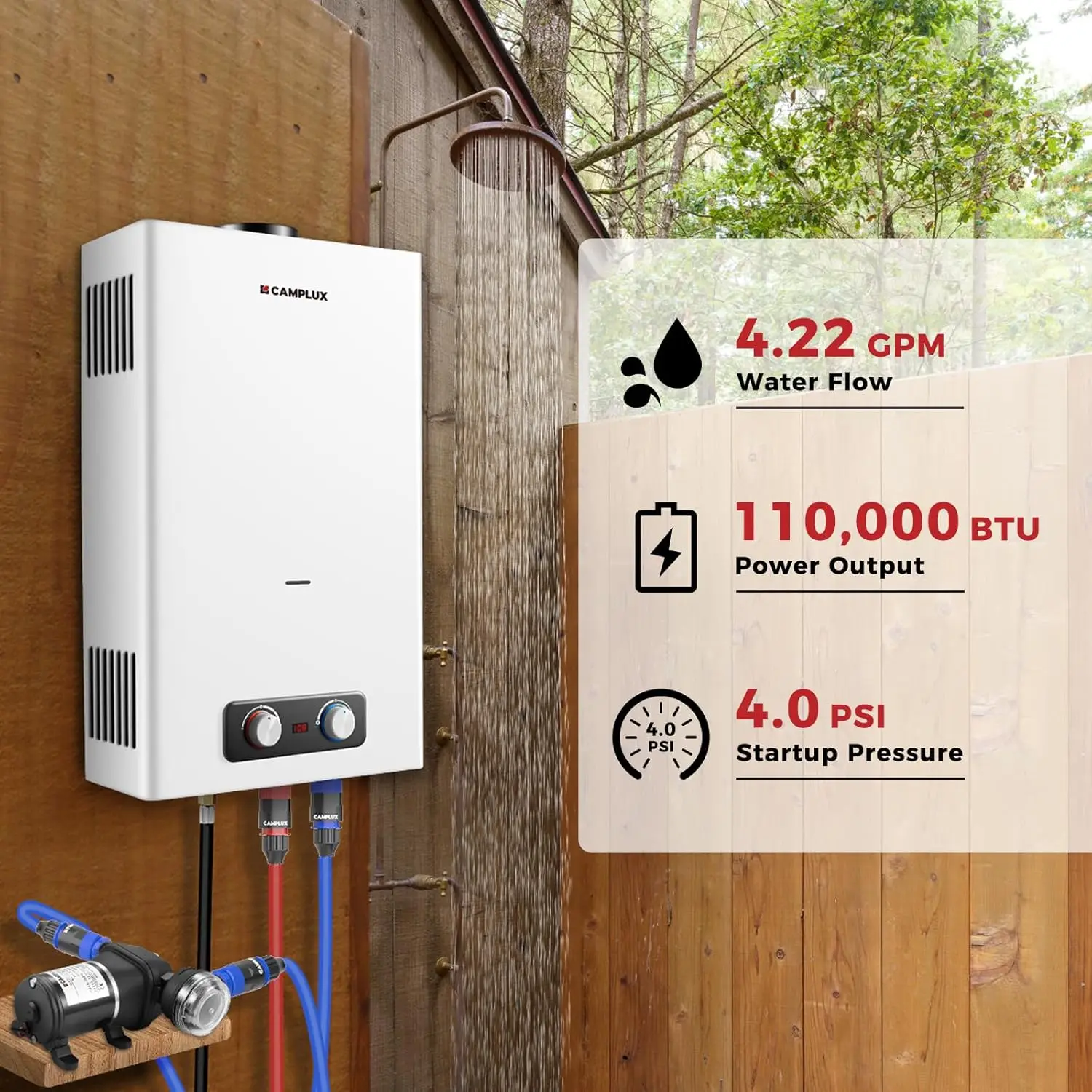 Tankless Water Heater 4.22 GPM Propane Water Heater Outdoor with 3.3 GPM Pump & Pipe Strainer for Off Grid Cabins
